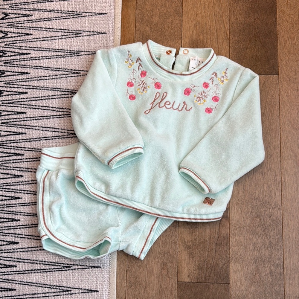 Kids Mint Green Floral Embroidered Matching Set